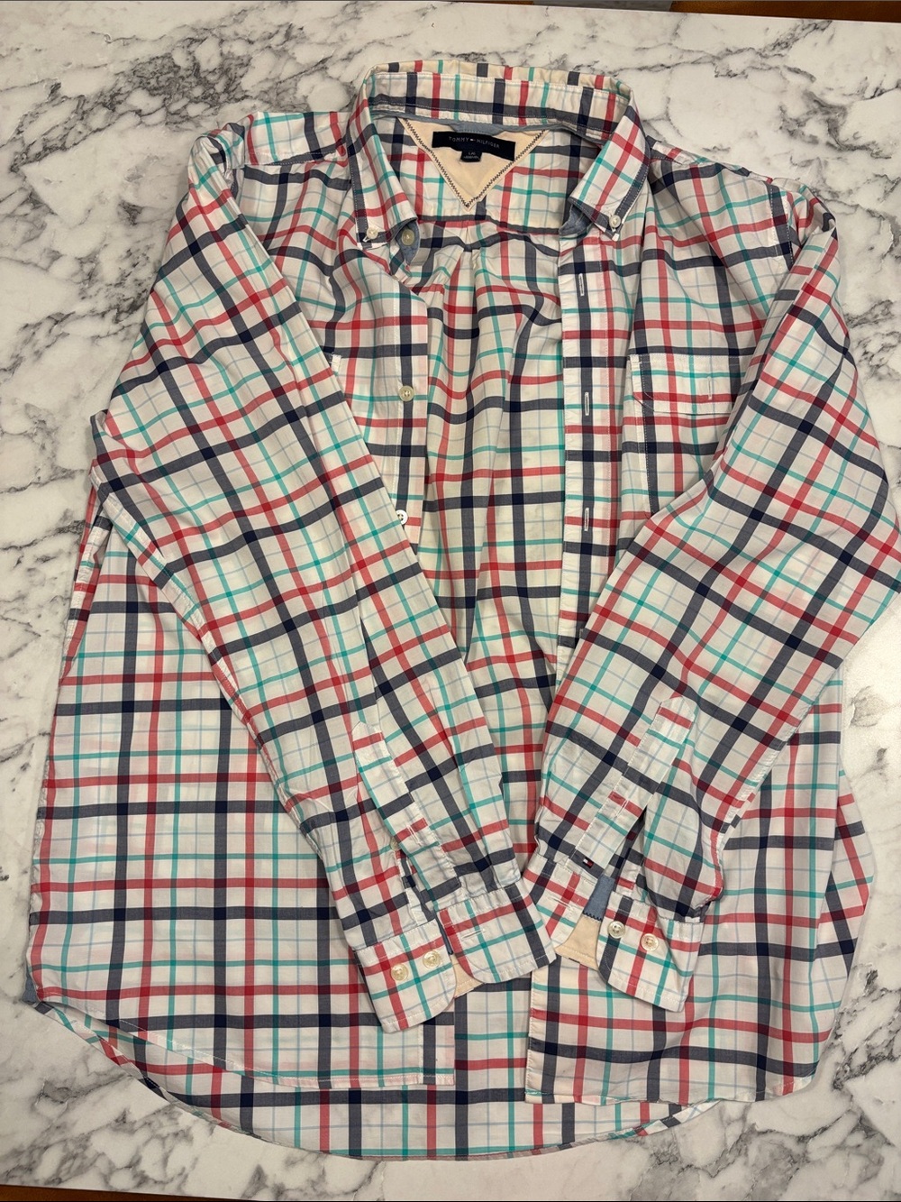 Tommy Hilfiger White Plaid Button-Down with Red, Blue and Teal Lines